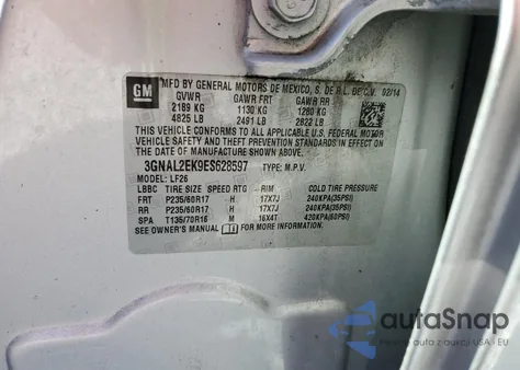 2014 Chevrolet Captiva Ls z USA, uszkodzony, nr VIN 3GNAL2EK9ES628597